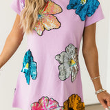 Lavender Oversized Colorful Sequin Flower Short Sleeve Dress | Queen Of Sparkles