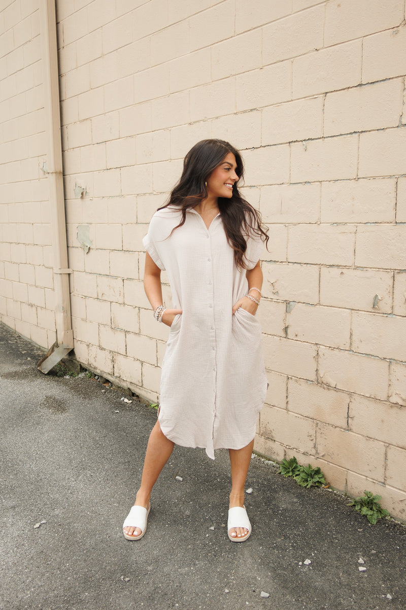 BUTTON DOWN SHIRT DRESS | STONE