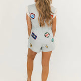 Chambray Racing Patch Tie Romper | Queen Of Sparkles
