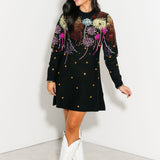 Black Multi Rainbow Firework Jeweled Sweater Dress | Queen Of Sparkles