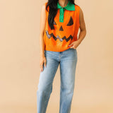 Orange Full Sequin Pumpkin Face Collar Button Up Vest | Queen Of Sparkles