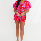 Hot Pink Stripe Sequin Flower Cotton Tie Top | Queen Of Sparkles