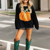 Black & Orange Flower Sequin Pumpkin Sweatshirt | Queen Of Sparkles