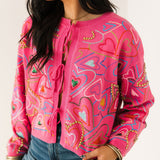 Hot Pink Multi Groovy Heart Tie Up Sweater | Queen Of Sparkles