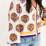 Licensed LSU Knit In Mascot Rhinestone Cardigan | Queen Of Sparkles