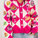 Pink Diamond Print Thanksgiving Dinner Button Up Sweater | Queen Of Sparkles