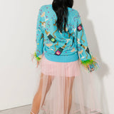 Aqua Popping Champagne Bottle & Coupe Feather Sleeve Button Up Cardigan | Queen Of Sparkles