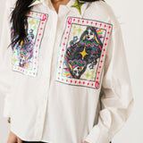 White Queen Card & Sparkle Collar Button Up Cotton Top | Queen Of Sparkles