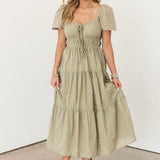 Olive Puff Sleeve Midi Dress