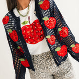 Crochet Navy & Red Sequin Apple Button Up Sweater | Queen Of Sparkles