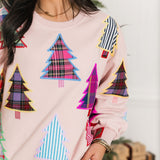 Light Pink Multi Plaid & Stripe Christmas Tree Sweatshirt | Queen Of Sparkles