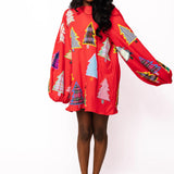 Red Multi Plaid & Stripe Christmas Tree Balloon Sleeve Dress | Queen Of Sparkles