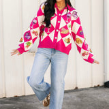 Pink Diamond Print Thanksgiving Dinner Button Up Sweater | Queen Of Sparkles
