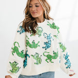 Beige Green & Blue Crawling Tigers Sweatshirt | Queen Of Sparkles