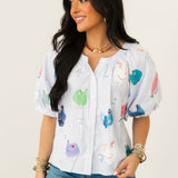Light Blue Stripe Multi Chicken Button Up Cotton Top | Queen Of Sparkles