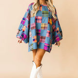 Denim and Multi Plaid Checkered Bubble Sleeve Dress | Queen Of Sparkles