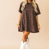 Brown Multi Rhinestone Cotton Short Sleeve Dress | Queen Of Sparkles