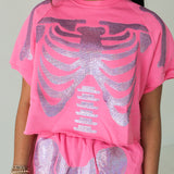 Pink Sequin Skeleton Short Sleeve Top | Queen Of Sparkles