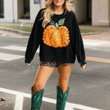 Black & Orange Flower Sequin Pumpkin Sweatshirt | Queen Of Sparkles
