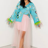 Aqua Popping Champagne Bottle & Coupe Feather Sleeve Button Up Cardigan | Queen Of Sparkles