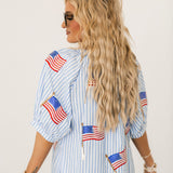 Light Blue & White Striped American Flag Cotton Button Up Midi Dress | Queen Of Sparkles