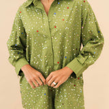 Olive Scattered Multi Rhinestone Cotton Button Up Romper | Queen Of Sparkles