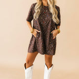 Brown Multi Rhinestone Cotton Short Sleeve Dress | Queen Of Sparkles