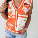 Bright Orange And White Colorblock Football Icon Button Up Sweater Vest | Queen Of Sparkles