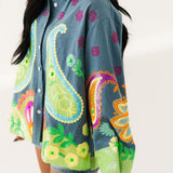 Denim & Neon Paisley Print Button Up Long Sleeve Top | Queen Of Sparkles
