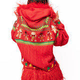 Red Knit Multi Gingerbread Man Zip Up Feather Hooded Sweater | Queen Of Sparkles