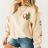 Western Patches Oversized Crew Sweatshirt | Sand
