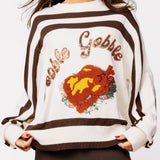 White & Brown Stripe 'Gobble' Long Sleeve Sweater | Queen Of Sparkles