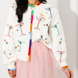 White Multi Cosmo & Martini Button Up Cardigan W/ Rainbow Trim | Queen Of Sparkles