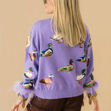 Purple Multi Ducks Feather Sleeve Button Up Cardigan | Queen Of Sparkles