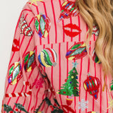 Light Pink & Red Stripe Christmas Icons Cotton Short | Queen Of Sparkles