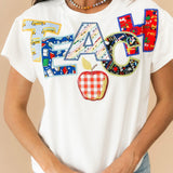 White Multi Fabric 'Teach' Apple Tee | Queen Of Sparkles