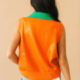 Orange Full Sequin Pumpkin Face Collar Button Up Vest | Queen Of Sparkles