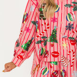 Light Pink & Red Stripe Christmas Icons Cotton Short | Queen Of Sparkles