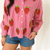 Red & White Gingham Beaded Strawberry Button Up Cotton Long Sleeve Top | Queen Of Sparkles