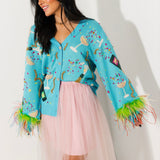 Aqua Popping Champagne Bottle & Coupe Feather Sleeve Button Up Cardigan | Queen Of Sparkles