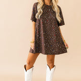 Brown Multi Rhinestone Cotton Short Sleeve Dress | Queen Of Sparkles