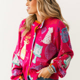 Hot Pink Birthday Icon Rainbow Trim Button Up Cardigan | Queen Of Sparkles
