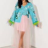 Aqua Popping Champagne Bottle & Coupe Feather Sleeve Button Up Cardigan | Queen Of Sparkles