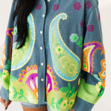 Denim & Neon Paisley Print Button Up Long Sleeve Top | Queen Of Sparkles