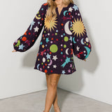 Dark Purple Multi Galaxy Button Up Cotton Bubble Sleeve Dress | Queen Of Sparkles