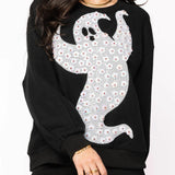 Black & White Flower Sequin Ghost Sweatshirt | Queen Of Sparkles