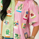 Colorblock Gingham Mahjong Tile Button Up Top | Queen Of Sparkles
