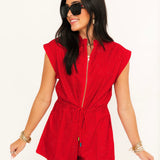 Crimson Rhinestone Zip Up Romper | Queen Of Sparkles