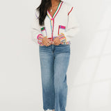 White & Rainbow Jewel Trim Button Up Cardigan | Queen Of Sparkles