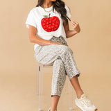 White & Red Sequin Flower Apple Tee | Queen Of Sparkles